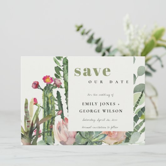 BOHO PINK FLORAL DESERT CACTI FOLIAGE WATERVERF SAVE THE DATE (Staand voorkant)