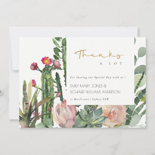 BOHO PINK FLORAL DESERT CACTI FOLIAGE WEDDING BEDANKKAART (Voorkant)