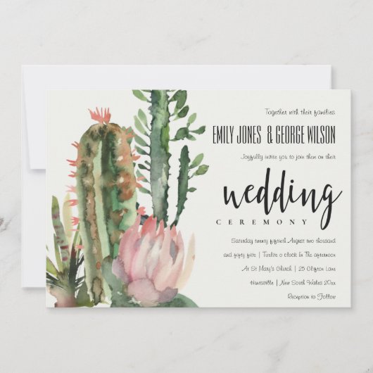 BOHO PINK FLORAL DESERT CACTI FOLIAGE WEDDING KAART (Voorkant)
