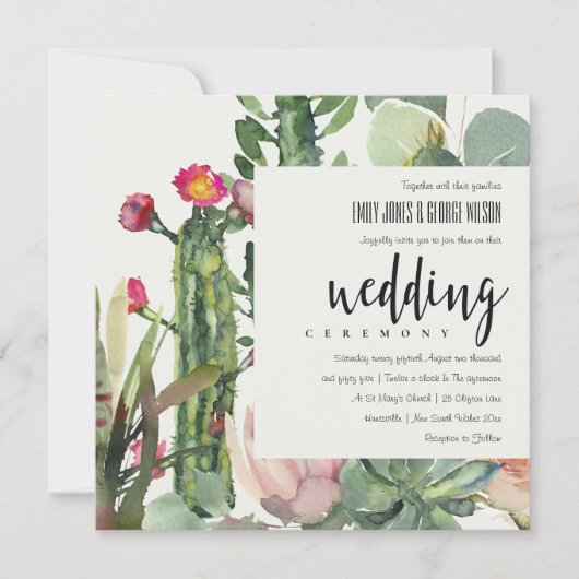 BOHO PINK FLORAL DESERT CACTI FOLIAGE WEDDING KAART (Voorkant)
