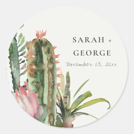 BOHO PINK FLORAL DESERT CACTI FOLIAGE WEDDING RONDE STICKER (Voorkant)