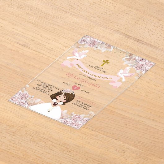 Boho Pink Floral Girl Eerste Heilige Communie Acryl Uitnodigingen (Laagn)