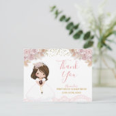 Boho Pink Floral Girl Eerste Heilige Communie Bedankkaart (Staand voorkant)