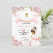 Boho Pink Floral Girl Eerste Heilige Communie Kaart (Staand voorkant)