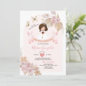 Boho Pink Floral Girl Eerste Heilige Communie Kaart (Staand voorkant)