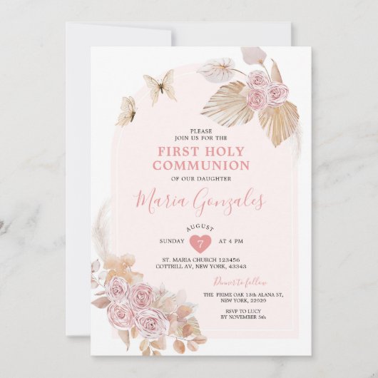 Boho Pink Floral Girl Eerste Heilige Communie Kaart (Voorkant)