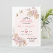Boho Pink Floral Girl Eerste Heilige Communie Kaart (Staand voorkant)