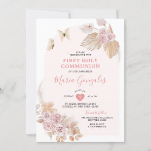 Boho Pink Floral Girl Eerste Heilige Communie Kaart