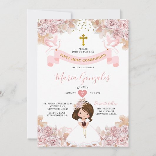 Boho Pink Floral Girl Eerste Heilige Communie Kaart (Voorkant)