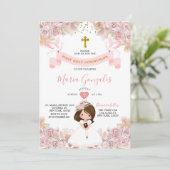 Boho Pink Floral Girl Eerste Heilige Communie Kaart (Staand voorkant)