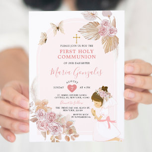 Boho Pink Floral Girl Eerste Heilige Communie Kaart