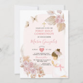 Boho Pink Floral Girl Eerste Heilige Communie Kaart (Voorkant)