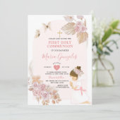 Boho Pink Floral Girl Eerste Heilige Communie Kaart (Staand voorkant)