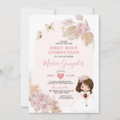 Boho Pink Floral Girl Eerste Heilige Communie Kaart (Voorkant)