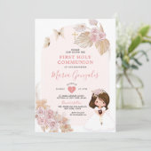 Boho Pink Floral Girl Eerste Heilige Communie Kaart (Staand voorkant)