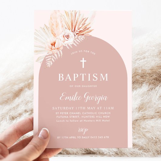 Boho Pink Floral Girls Baptism Christening Kaart