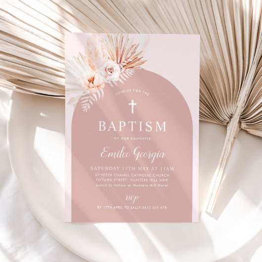 Boho Pink Floral Girls Baptism Christening Kaart