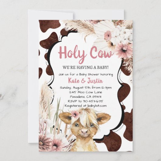 Boho Pink Floral Highland Koe Baby shower Kaart (Voorkant)