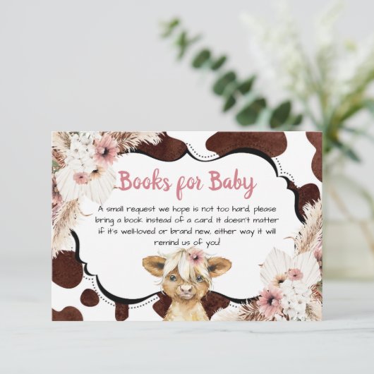 Boho Pink Floral Highland Koe boeken voor Baby Informatiekaartje (Staand voorkant)