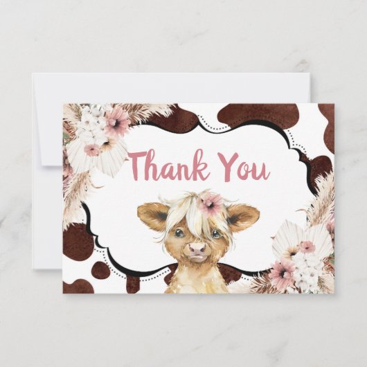 Boho Pink Floral Highland Koe Dank u kaart (Voorkant)