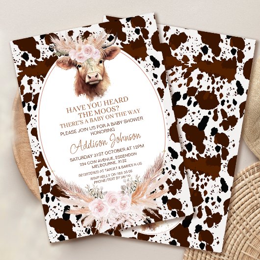 Boho Pink Floral Highland Koe Koeienhuid Baby show Kaart