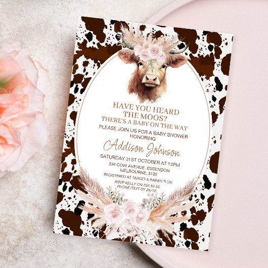 Boho Pink Floral Highland Koe Koeienhuid Baby show Kaart