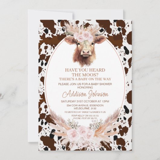 Boho Pink Floral Highland Koe Koeienhuid Baby show Kaart (Voorkant)