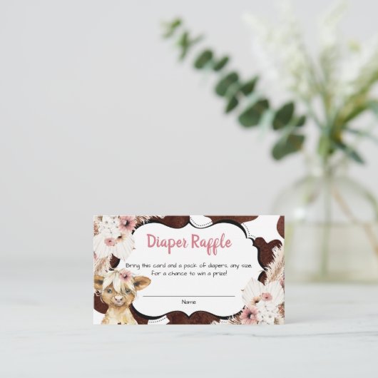 Boho Pink Floral Highland Koe Luier Raffle Informatiekaartje (Staand voorkant)