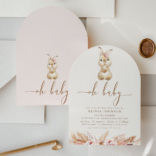 Boho Pink Floral Little Bunny Baby shower Kaart