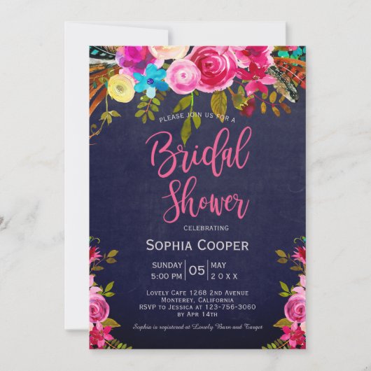 Boho Pink Floral Navy Chalkboard Vrijgezellenfeest Kaart (Voorkant)