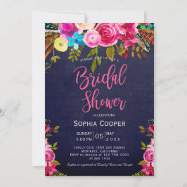 Boho Pink Floral Navy Chalkboard Vrijgezellenfeest Kaart