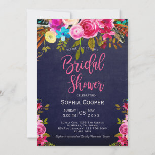 Boho Pink Floral Navy Chalkboard Vrijgezellenfeest Kaart