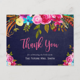 Boho Pink Floral Navy Vrijgezellenfeest Dank u wel Briefkaart