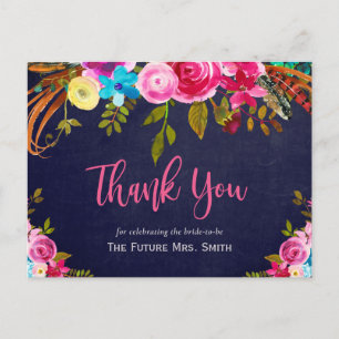 Boho Pink Floral Navy Vrijgezellenfeest Dank u wel Briefkaart