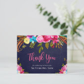 Boho Pink Floral Navy Vrijgezellenfeest Dank u wel Briefkaart (Staand voorkant)