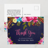 Boho Pink Floral Navy Vrijgezellenfeest Dank u wel Briefkaart (Voorkant / Achterkant)