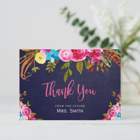 Boho Pink Floral Navy Vrijgezellenfeest Hartelijk  Bedankkaart (Staand voorkant)