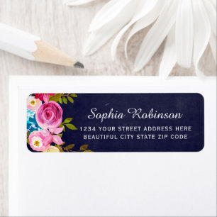 Boho Pink Floral Navy Wedding Return Label