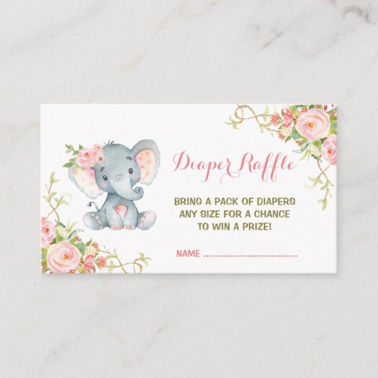 Boho Pink Floral Olifant Luier Raffle Ticket Informatiekaartje (Voorkant)