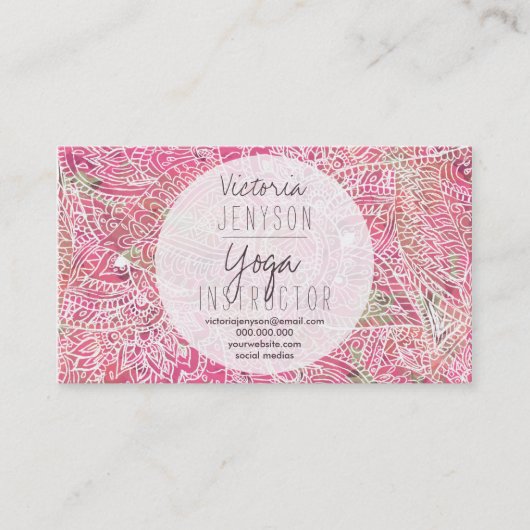 Boho pink floral paisley yoga instructeur visitekaartje (Voorkant)