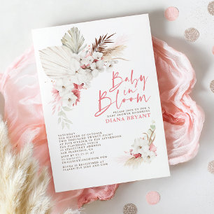 Boho Pink Floral Pampas Grass Baby shower Invitati Kaart