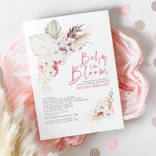Boho Pink Floral Pampas Grass Baby shower Invitati Kaart