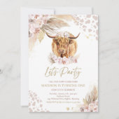 Boho Pink Floral Pampas Grass Highland Koe Party Kaart (Voorkant)