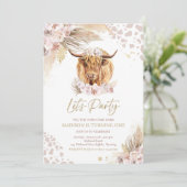 Boho Pink Floral Pampas Grass Highland Koe Party Kaart (Staand voorkant)
