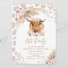 Boho Pink Floral Pampas Grass Highland Koe Party Kaart