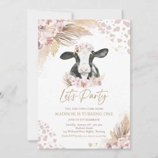 Boho Pink Floral Pampas Grass Koe Birthday Party Kaart (Voorkant)