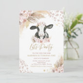 Boho Pink Floral Pampas Grass Koe Birthday Party Kaart (Staand voorkant)