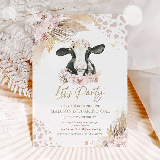 Boho Pink Floral Pampas Grass Koe Birthday Party Kaart