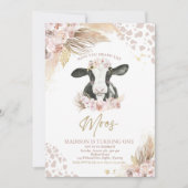 Boho Pink Floral Pampas Grass Koe Birthday Party Kaart (Voorkant)