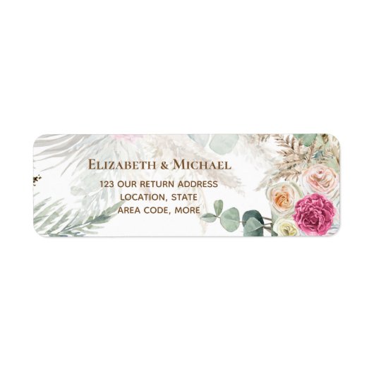 BOHO Pink Floral Pampas Wedding Return Address Etiket (Voorkant)